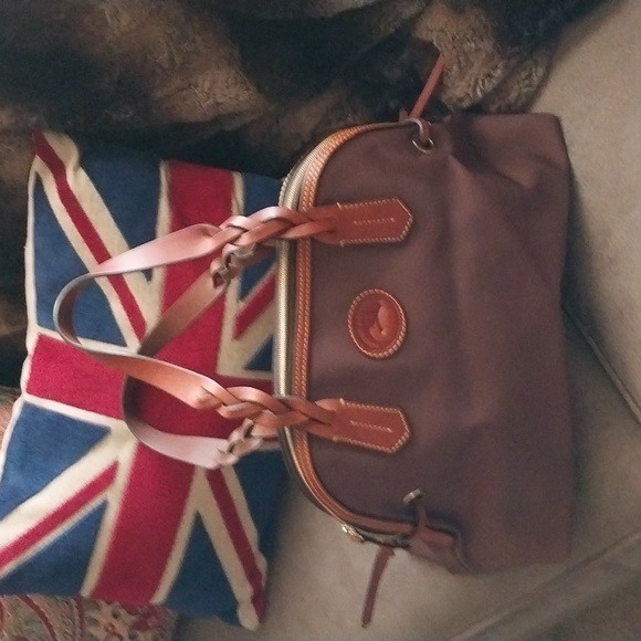 Dooney & Bourke medium satchel. Canvas w/leather trim. Key keeper. Used once. - Picture 1 of 6